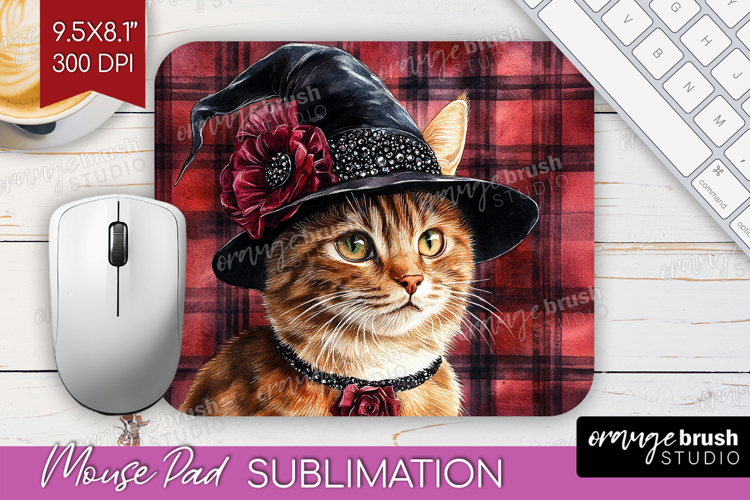 Halloween Cat Mouse Pad Sublimation - Witch Hat Mousepad PNG
