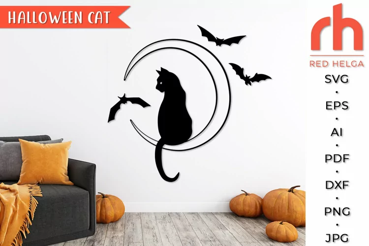 Halloween Moon SVG, Scary Cat Cut File, Cat and Bats DXF