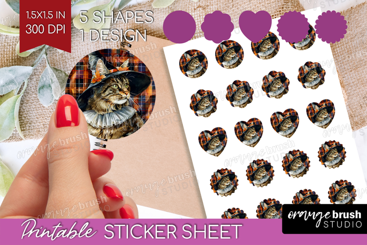 Halloween Cat Round Sticker - Witch Hat Printable Sticker