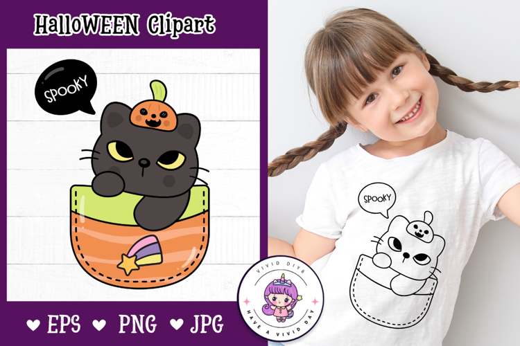 Halloween cat in pocket kawaii kitten and pumpkin clipart