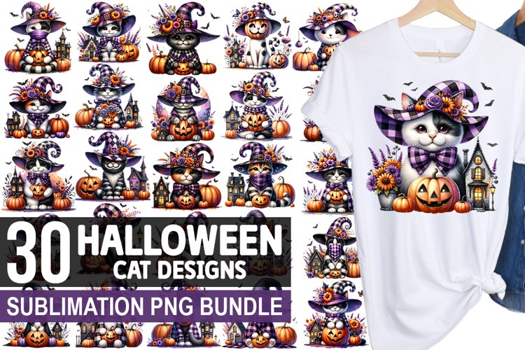 Halloween Cat Sublimation Clipart PNG Bundle