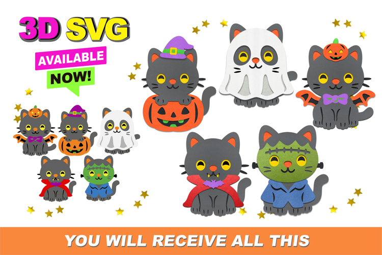Halloween Cute Cats Elements 3D SVG