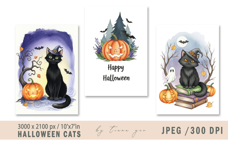 Cute watercolor Halloween cats - 3 jpeg files