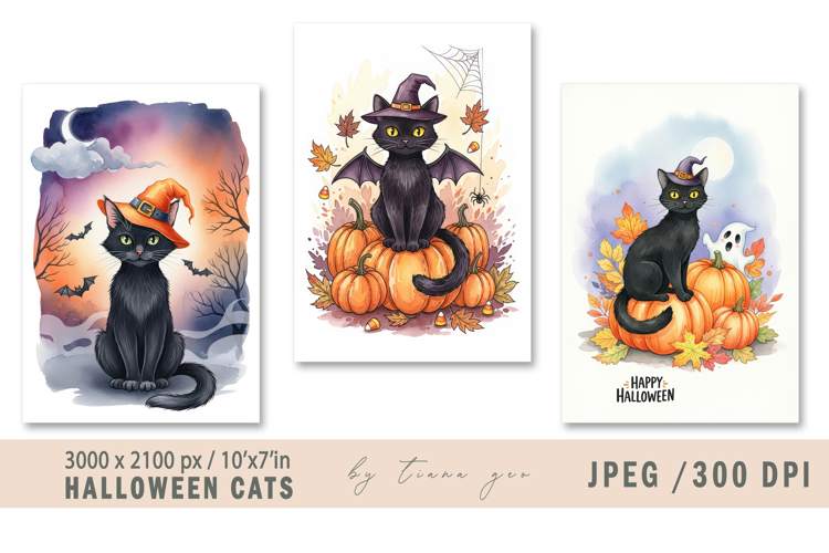 Cute watercolor Halloween cats - 3 jpeg files
