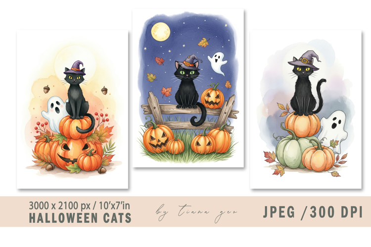 Cute watercolor Halloween cats - 3 jpeg files