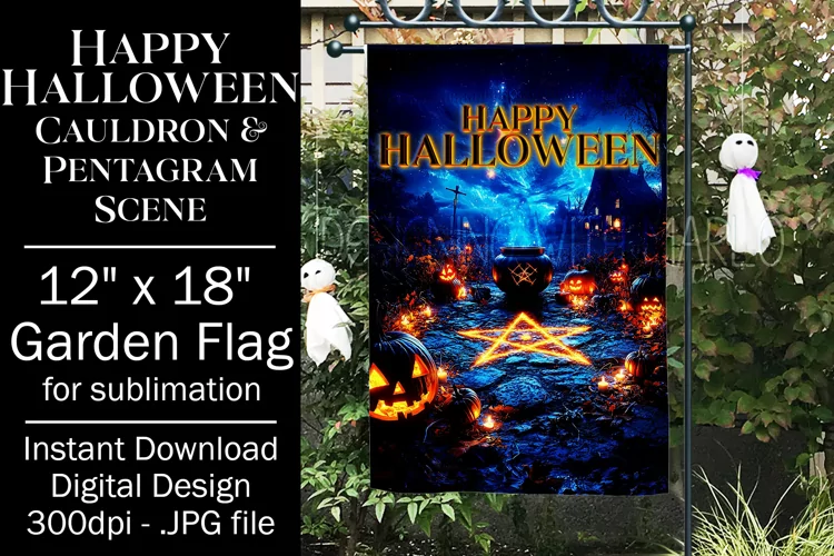Halloween Garden Flag, Happy Halloween Cauldron Pentagram, 2