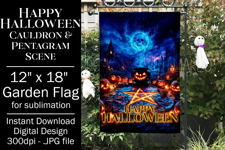 Halloween Garden Flag, Happy Halloween Cauldron Pentagram, 3