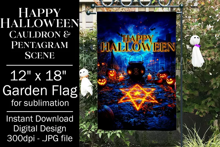 Halloween Garden Flag, Happy Halloween Cauldron Pentagram, 4