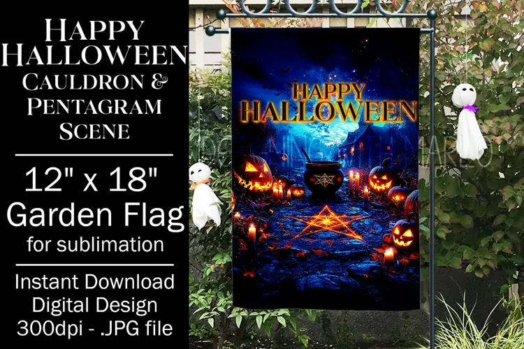 Halloween Garden Flag, Happy Halloween Cauldron Pentagram, 5