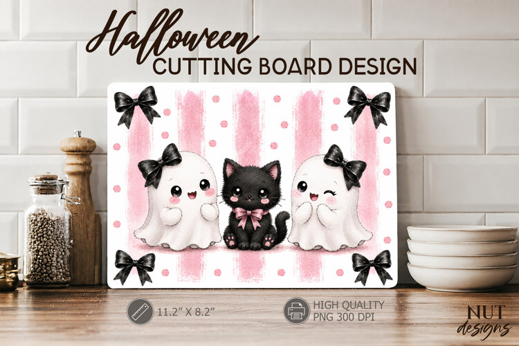 Coquette Cute Ghost Cat Halloween Cutting Board example image 1
