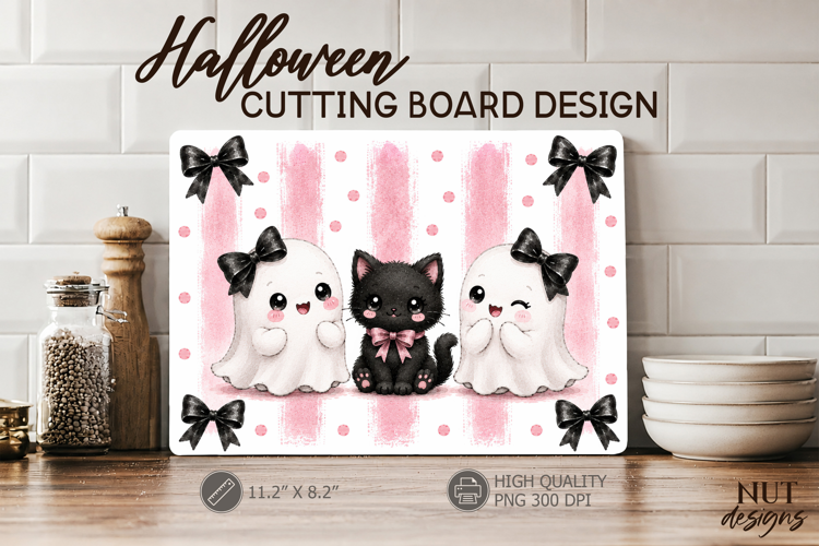 Coquette Cute Ghost Cat Halloween Cutting Board