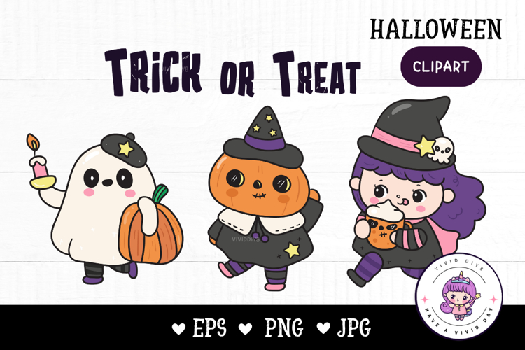 Halloween cartoon trick or treat kawaii cliparts spooky cute