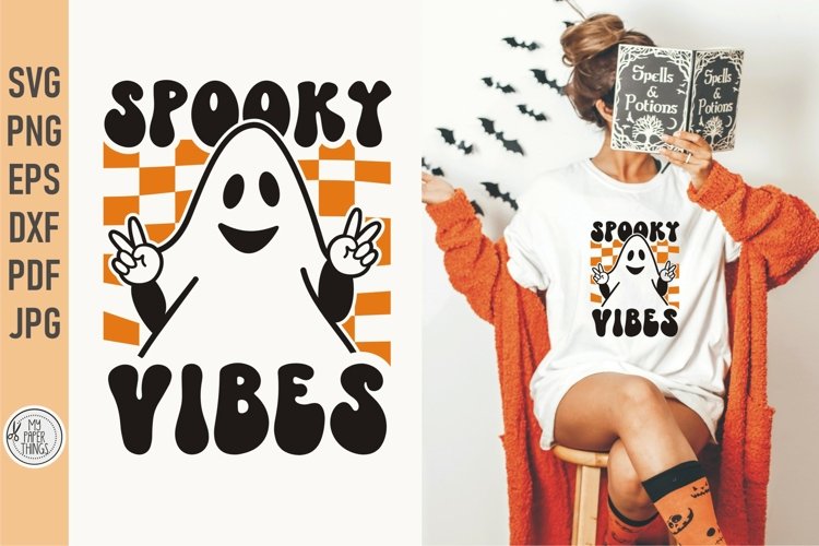 Spooky Vibes SVG design use for funny Halloween shirts, mugs, tumblers, phone cases and more. Checkered ghost svg design also print as small stickers or decals