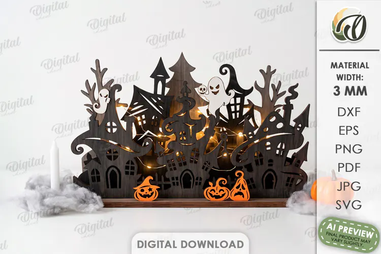 Halloween Haunted Village Stand Laser Cut. Halloween SVG