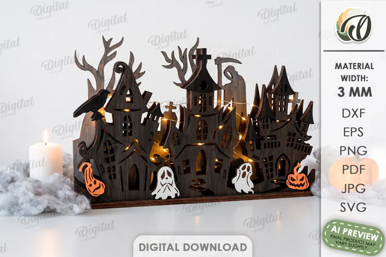 Halloween Haunted Village Stand Laser Cut. Halloween SVG