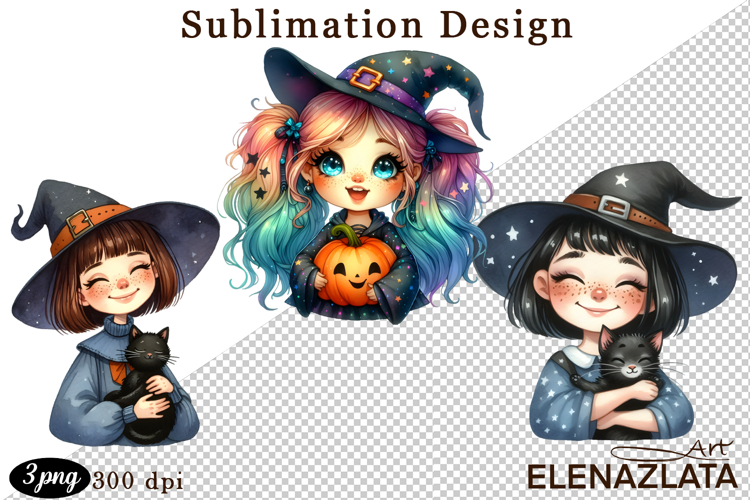 Witch with crow, Halloween Clipart watercolor clipart