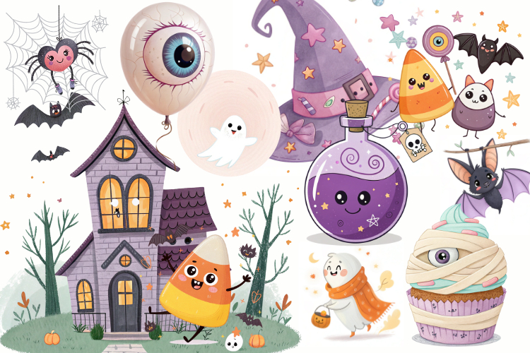 Cute Halloween Clipart Set Kawaii Style Characters