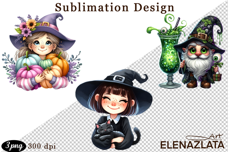 Witch with crow, Halloween Clipart watercolor clipart