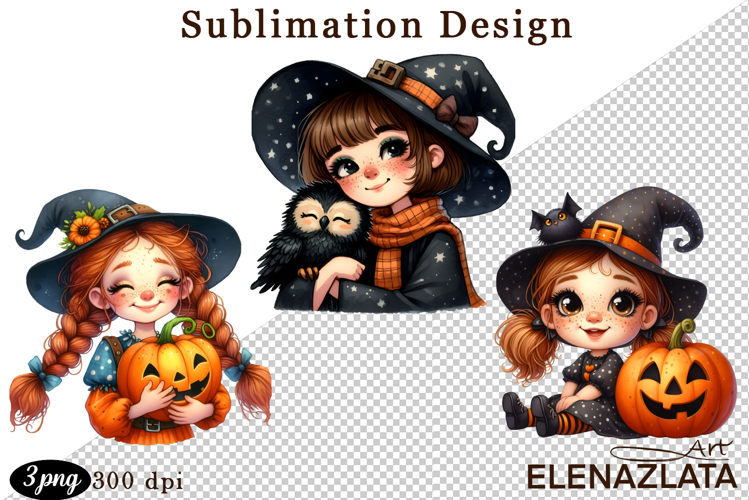 Witch with crow, Halloween Clipart watercolor clipart