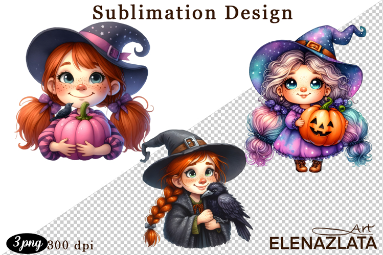 Witch with crow, Halloween Clipart watercolor clipart