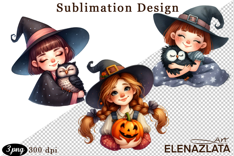 Witch with crow, Halloween Clipart watercolor clipart