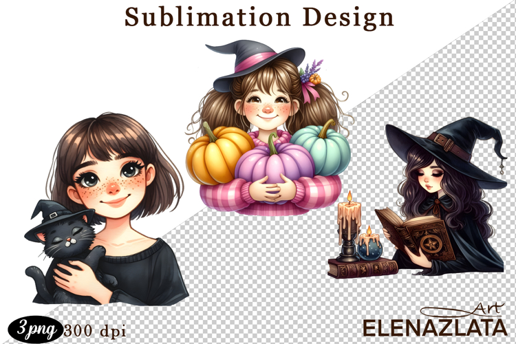 Witch with crow, Halloween Clipart watercolor clipart