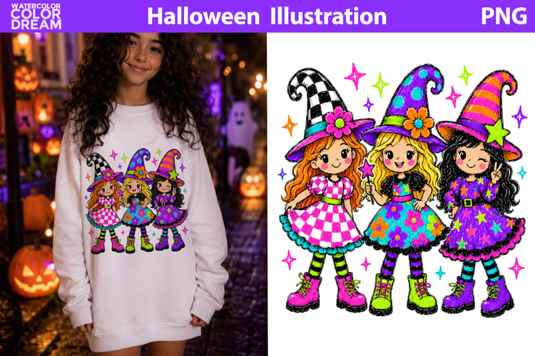 Cute Witch Girls Clipart | Colorful Halloween Sublimation
