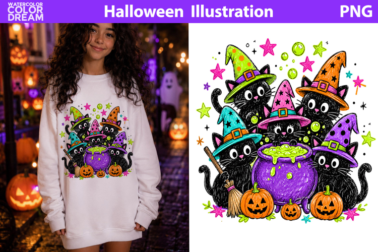 Witch Cat Coven Clipart | Cute Halloween Sublimation