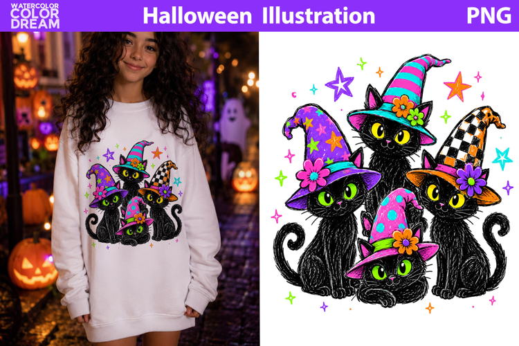 Black Witch Cats Clipart | Cute Halloween Sublimation
