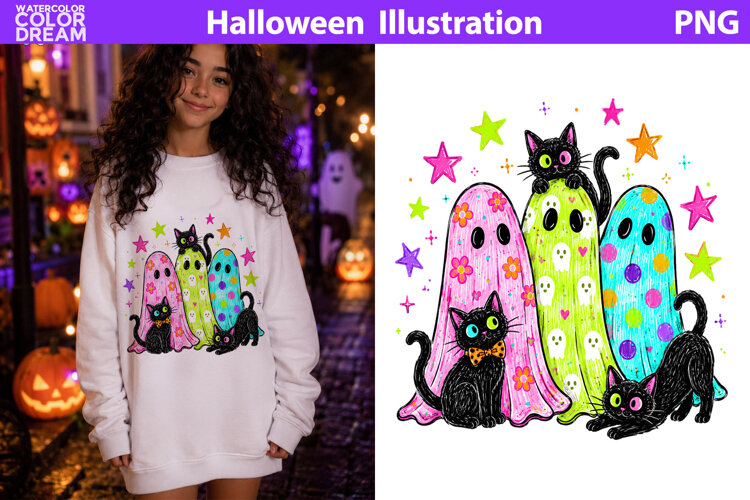 Cute Ghost Cats Clipart | Halloween Sublimation example image 1