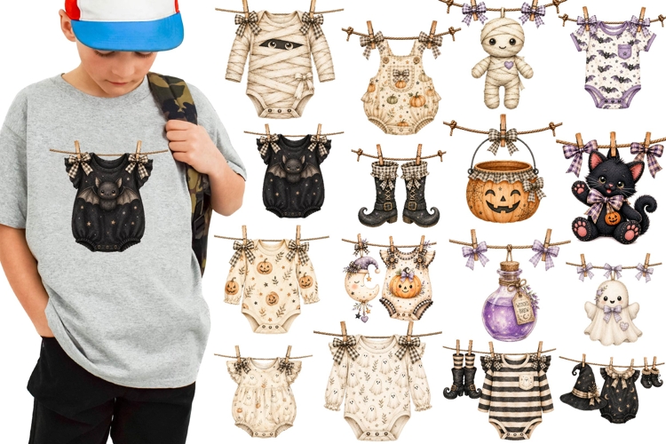 Halloween Clothes Line Clipart, Watercolor Clothesline