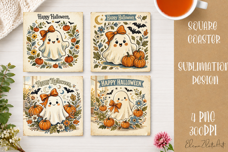 Vintage Halloween Coaster | 16 PNG Sublimation Designs