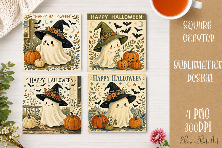 Vintage Halloween Coaster | 16 PNG Sublimation Designs