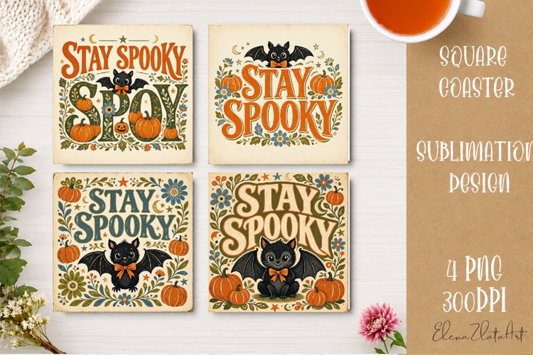Vintage Halloween Coaster | 16 PNG Sublimation Designs