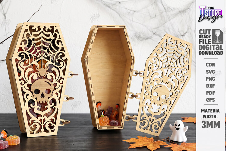 Wooden Halloween Coffin Candy Box Laser Cut | 3D Treat Box example image 1