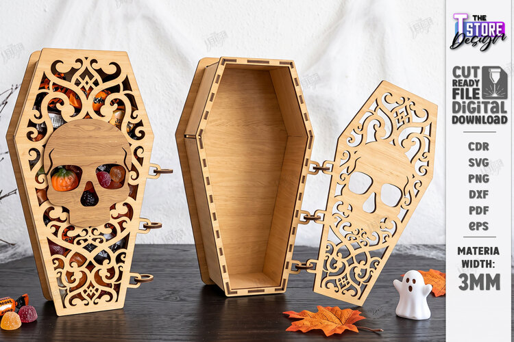 Wooden Halloween Coffin Candy Box Laser Cut | 3D Treat Box example image 1