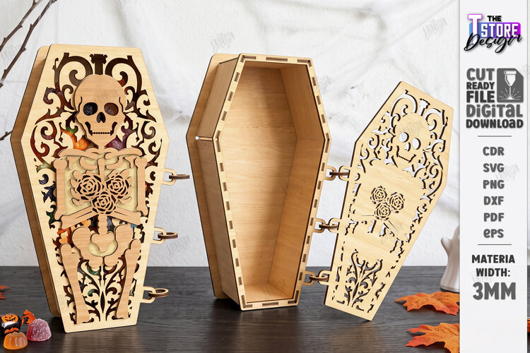 Wooden Halloween Coffin Candy Box Laser Cut | 3D Treat Box example image 1