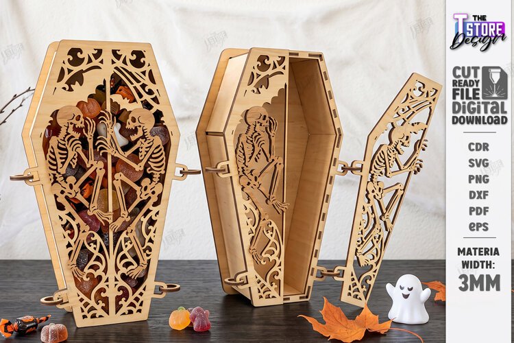 Wooden Halloween Coffin Candy Box Laser Cut | 3D Treat Box example image 1