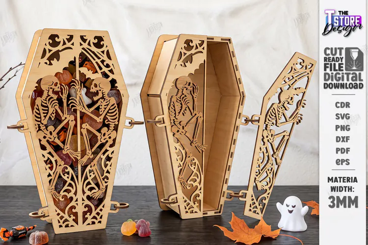 Wooden Halloween Coffin Candy Box Laser Cut | 3D Treat Box