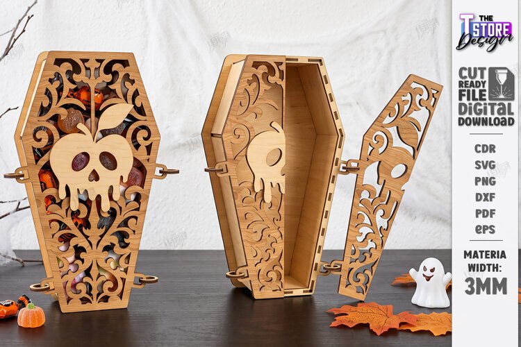 Wooden Halloween Coffin Candy Box Laser Cut | 3D Treat Box example image 1