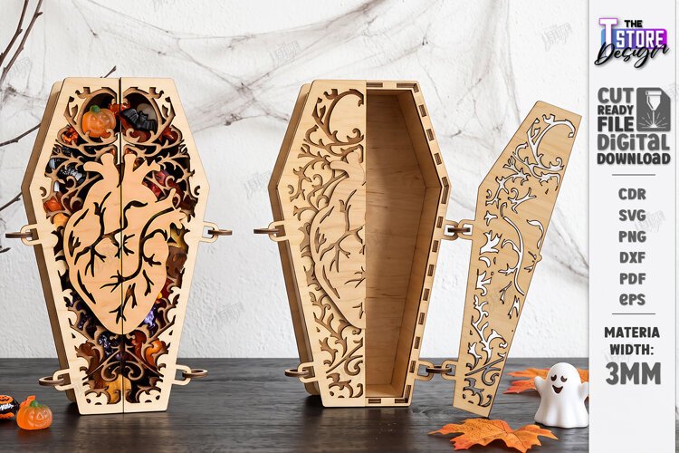 Wooden Halloween Coffin Candy Box Laser Cut | 3D Treat Box example image 1