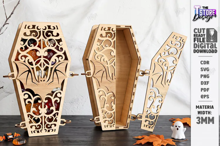 Wooden Halloween Coffin Candy Box Laser Cut | 3D Treat Box