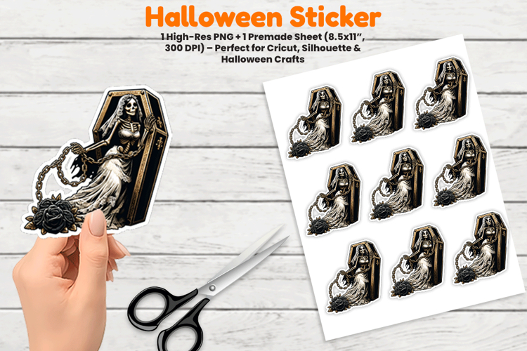 Halloween Coffin Skeleton Sticker Sublimation Design PNG