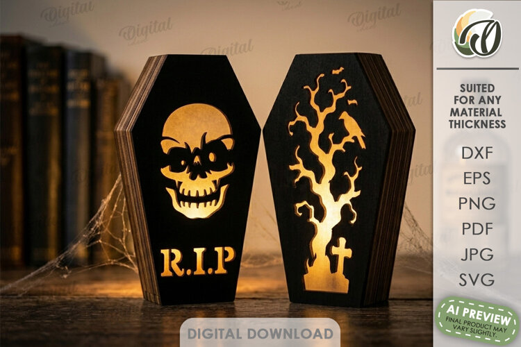 Halloween Coffin Led Lamps Laser Cut. Night Light SVG example image 1