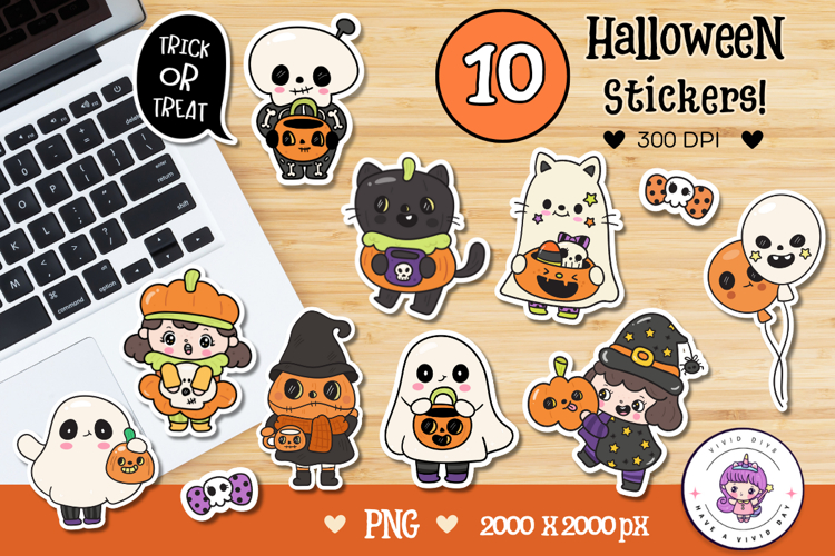 Halloween Stickers PNG Kawaii Clipart Cute Ghost Cat Pumpkin
