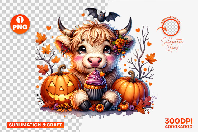 Halloween Cow Autumn Pumpkins Leaves Clipart PNG Sublimation