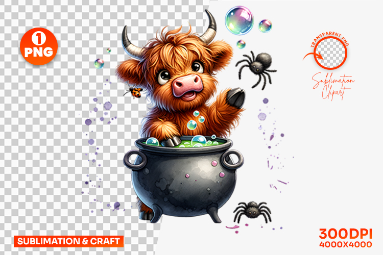 Halloween Cow Cauldron Spider Clipart PNG Sublimation Design