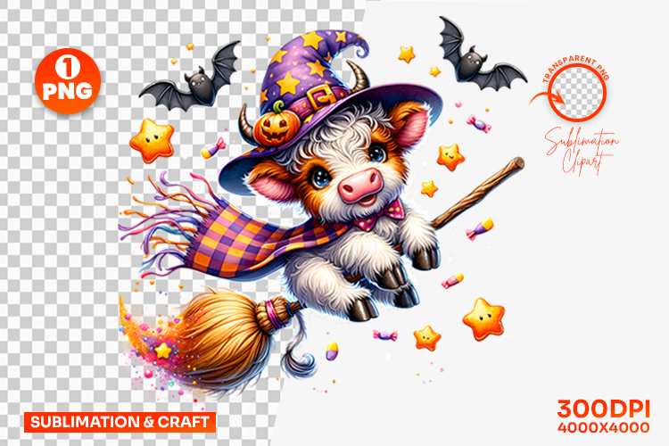 Halloween Cow Flying Witch Broomstick Clipart PNG