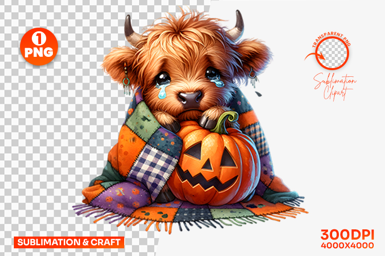Halloween Cow Holding Pumpkin Clipart PNG Sublimation Design
