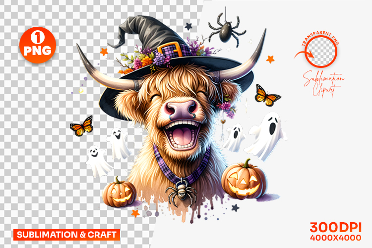 Halloween Cow Witch Hat Clipart PNG Sublimation Design